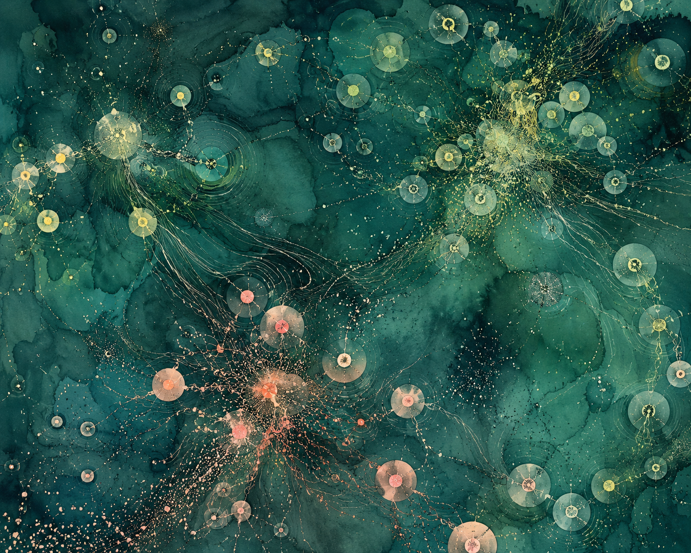 Abstract artwork of structured relations in blue, coral, and mineral tones.